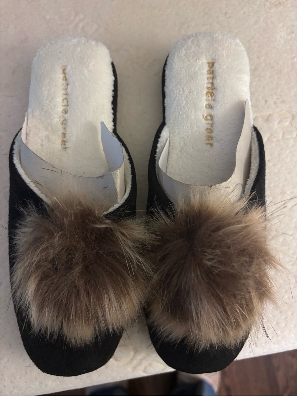 Patricia Green Black Slippers with Brown Fur Pom-Poms
